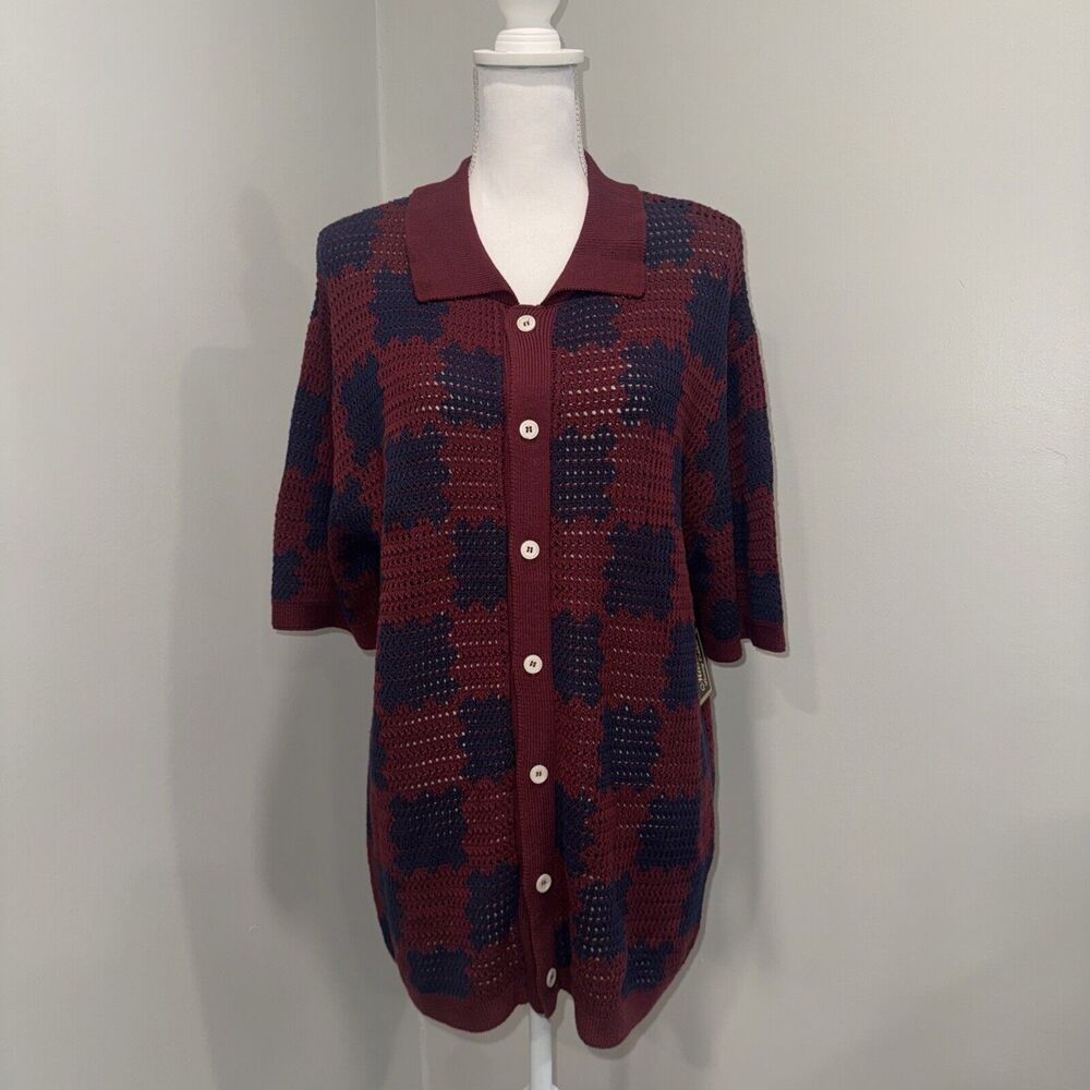 NWT Massive Luxury Edition Checkered Knit Polo Button Shirt Red Navy Mens XL